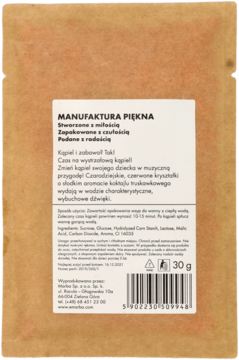 Tył brązowego opakowania Manufaktura Piękna, musujące kryształki do kąpieli, z opisem i kodem kreskowym.