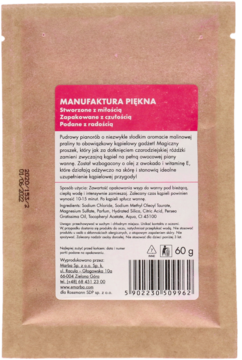 Tył opakowania pudrowego pianoroba Manufaktura Piękna o zapachu malinowej praliny, brązowy papier.
