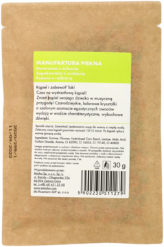 Tył brązowej saszetki MANUFAKTURA PIĘKNA: magiczne kryształki do kąpieli o zapachu egzotycznych owoców, 30g.