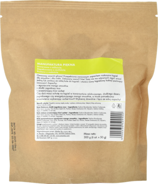 Tył brązowej papierowej torebki Manufaktura Piękna, kule do kąpieli o owocowym zapachu. Zielona etykieta z tekstem.