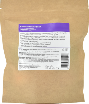 Tył brązowego opakowania kuli do kąpieli "Szaleństwo kolorów" z fioletowo-białą etykietą, opisem i kodem kreskowym.