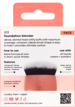 Real Techniques 213 Foundation Blender, różowy kompaktowy pędzel kabuki z gęstą główką.