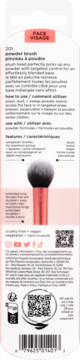 Real Techniques 201 Powder Brush, tył opakowania z opisem i puszystym pędzlem z dwukolorowym włosiem.