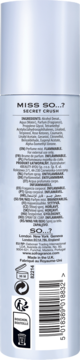 Tył opakowania Miss So...? Secret Crush perfumowanej mgiełki w jasnoniebieskiej butelce z listą składników.