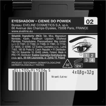 Czarny tył paletki cieni Eveline Cosmetics, z kodem kreskowym, składem i instrukcją aplikacji makijażu.
