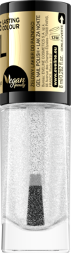 Eveline GEL NAIL POLISH, wegański lakier do paznokci, bezbarwny z brokatem, 8ml, widok z przodu.
