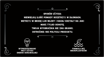 Czarna etykieta Pomady Barbero z białymi instrukcjami użycia i ikonami 'energia odnawialna' i 'bez mikroplastików'.