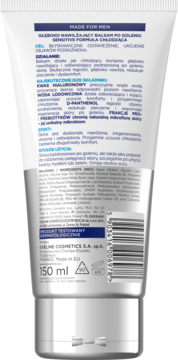 Tył białej tubki Eveline Made For Men, balsam po goleniu dla skóry wrażliwej, 150ml, skład i kod kreskowy.