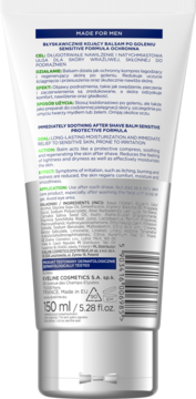 Tył balsamu po goleniu Made For Men sensitive skin 150ml, biało-srebrna tubka z informacjami i kodem kreskowym.