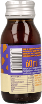 Tył małej butelki naturalnego napoju energetycznego z soków owocowych, fioletowa etykieta, widoczne 60 ml i kod EAN.