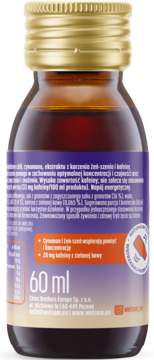 Tył butelki Focus Shot 60 ml. Mała, ciemna butelka z fioletową etykietą, złotą nakrętką i tekstem o koncentracji.