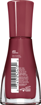 Tył butelki szybko schnącego lakieru Sally Hansen Insta-Dri, kolor 413 Expresso, z etykietą i kodem kreskowym.