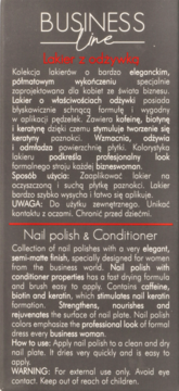 Tył opakowania lakieru do paznokci z odżywką Business Line, z opisem produktu i instrukcją użycia.