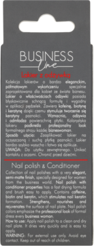 Tył szarego opakowania lakieru BUSINESS Line z odżywką. Tekst PL/EN opisuje skład, użycie i korzyści produktu.