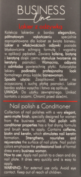 Ciemnoszare opakowanie lakieru i odżywki Business Line, z białym tekstem po polsku i angielsku, widok z przodu.