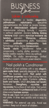 Szara etykieta lakieru Business Line z odżywką, z białym tekstem opisującym właściwości produktu.