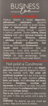 BUSINESS Line Nail polish & Conditioner packaging, close-up of Polish and English description text on dark background.
