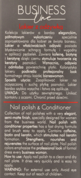 Etykieta lakieru BUSINESS Line z odżywką, z polskim i angielskim opisem właściwości i sposobu użycia.