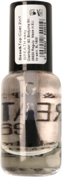 Butelka art de Lautrec Base&Top Coat 2w1 Breath Easy do paznokci, z czarną nakrętką i pędzelkiem, widok z przodu.