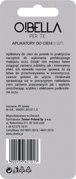 Tył szarego opakowania aplikatorów do cieni O!BELLA PER TE, z polskim tekstem, kodem kreskowym i symbolami recyklingu.