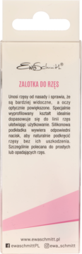 Tył opakowania zalotki do rzęs Ewa Schmitt, opisującej podkręcanie rzęs, na białym tle z różowymi akcentami.