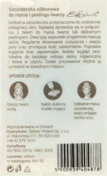 Tył opakowania silikonowej szczoteczki Ewa Schmitt do mycia twarzy, z instrukcją użycia i kodem kreskowym.