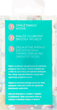 Tył opakowania szczoteczki silikonowej Ewa Schmitt Your Spa z instrukcją mycia twarzy (3 kroki) i opisem korzyści produktu.