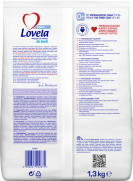 Tył białego opakowania hipoalergicznego proszku Lovela Baby 1,3 kg do prania ubranek dziecięcych, z kodem QR.