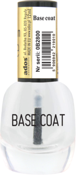 Ados Base Coat, przezroczysta baza do paznokci 12ml, z czarną nakrętką, widok z przodu.