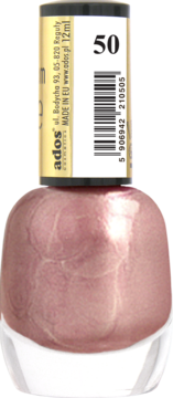 Ados Premium Line lakier do paznokci 50, perłowy róż z połyskiem, w szklanej butelce. Widok z przodu.