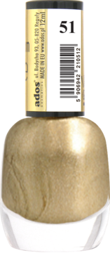 Złoty, perłowy lakier Ados Premium Line nr 51 w butelce z białym spodem, widok z przodu.