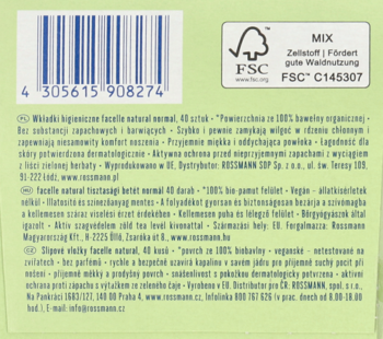 Tył zielonego opakowania wkładek higienicznych Facelle Normal, z kodem kreskowym i certyfikatem FSC.