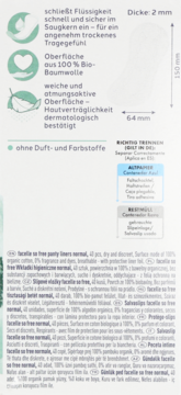 Białe opakowanie wkładek facelle normal. 100% bio-bawełna, bez zapachu i barwników, z zielonymi ikonami.