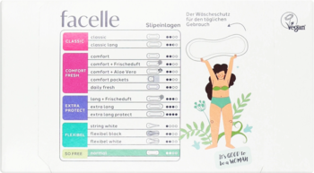 Facelle wkładki higieniczne normal, 100% bawełna organiczna. Grafika z listą wariantów i kobietą trzymającą wkładkę.