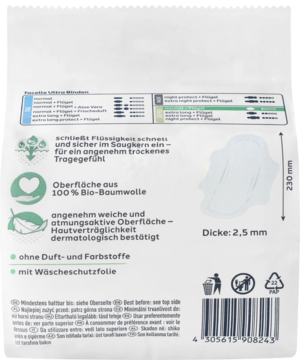 Tył opakowania wkładek higienicznych z 100% bawełny organicznej, bez zapachu, grubość 2.5mm, schemat produktu.