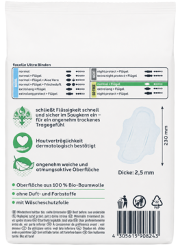 Tył opakowania podpasek higienicznych z bawełny organicznej, bez zapachu, z opisem właściwości, białym tłem.