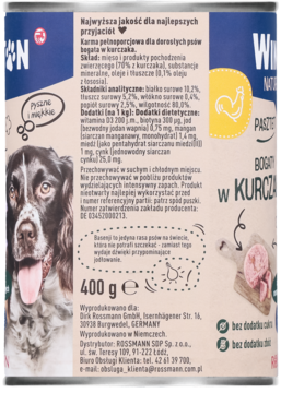 Karma dla psów dorosłych Rossmann WILD pasztet z kurczaka 400g, granatowa puszka z psem i surowym kurczakiem.