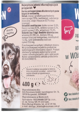 Tył puszki karmy dla psów Rossmann 400g wołowiną. Etykieta z informacjami o składzie, zdjęciem psa i grafiką krowy.