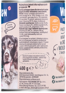 Tył puszki karmy pełnoporcjowej dla psów 400g, z biotyną, w tle brązowo-biały pies, polskie etykiety.