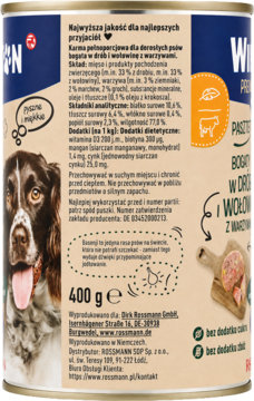 Winston 400g puszka karmy pasztet dla psów dorosłych, drób i wołowina, bez zbóż/cukru. Widok przód, pies.
