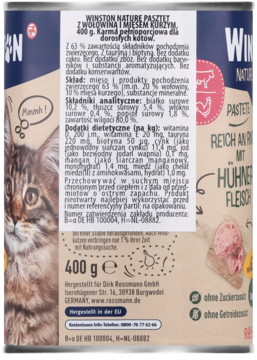 Tył srebrnej puszki karmy Winston Nature dla kota, 400g, z wołowiną i kurczakiem, widoczna tabela składu.