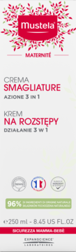 Krem Mustela Maternité na rozstępy w białym pudełku z czerwoną etykietą, widok z przodu. Opakowanie 250ml.
