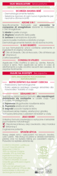Tył opakowania olejku na rozstępy bez zapachu, zielono-biała etykieta, opis działania i naturalnego składu.