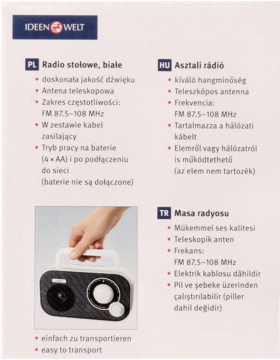 Białe radio stołowe Ideenwelt, widok z przodu, ręka trzymająca uchwyt, z czarnym głośnikiem i pokrętłami.