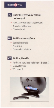 Czarny budzik radiowy Ideenwelt, tył z otwartą klapką baterii, widoczne dwie baterie AA, opis funkcji.