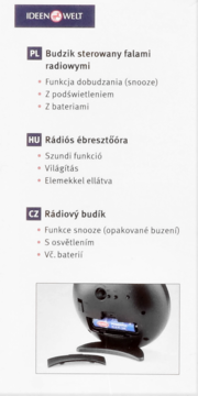 Opis radiowego budzika Ideenwelt PL/HU/CZ i zbliżenie otwartej komory baterii z dwoma bateriami AAA.