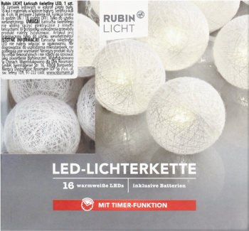 Pakowany łańcuch świetlny LED RUBIN LICHT: 16 białych kul cotton balls z ciepłymi LEDami i funkcją timera.