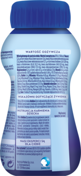 Tylna strona białej butelki Bebilon 2 z niebieską nakrętką, widoczne informacje o wartościach odżywczych.