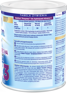 Bebilon Prosyneo HA 3 mleko modyfikowane, metalowa puszka z niebieską etykietą, widok z boku i tyłu z tabelą żywienia.