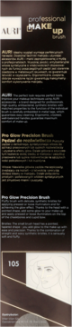 Czarne opakowanie pędzla AURI Pro Glow Precision Brush 105 do rozświetlacza, z opisem i rysunkiem twarzy.